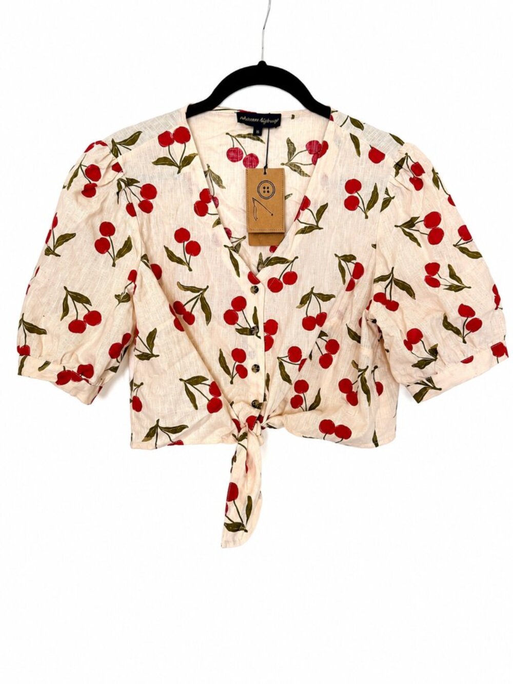 Princess Highway Cherry Print Linen Cotton Tie Front Bodysuit Size 16 NWT